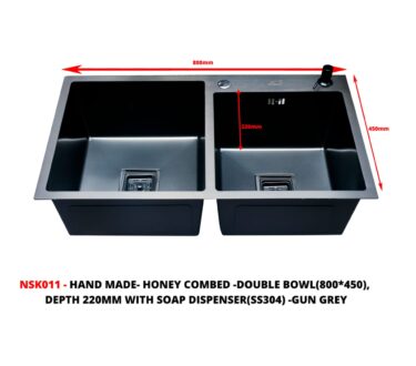 Double Bowl Kitchen Sink – With Soap Dispenser – Gun Grey
